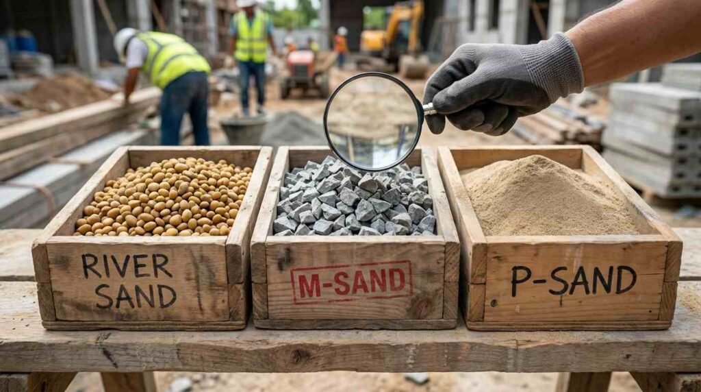 Close-up comparison of river sand versus M-sand particles showing texture difference and quality for construction projects
