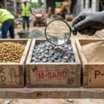 Close-up comparison of river sand versus M-sand particles showing texture difference and quality for construction projects