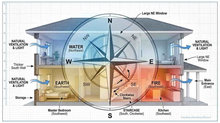 Vastu house plan showing directional room placement for kitchen bedroom and pooja room