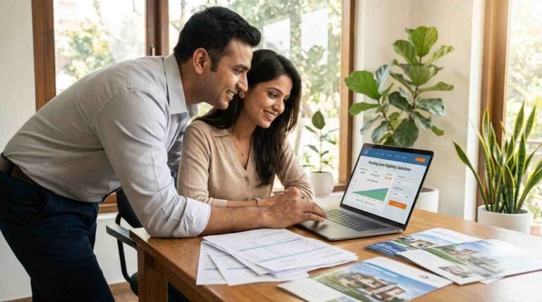 Young Indian couple using housing loan eligibility calculator on laptop to check home loan amount